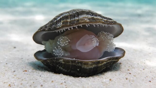 Clam Shell Opening Underwater Close Up - A close-up shot of a clam shell slowly opening underwater, revealing a pink interior and small white organisms attached to the inside of the shell.