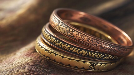Mix of brass and copper bangles with tribal designs resting on a textured surface highlighting unique handmade details and natural metallic tones embodying artisanal craftsmanship