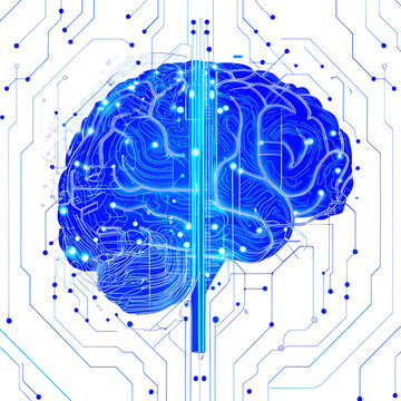 A glowing blue brain with circuit board patterns on a black background with connecting lines around it isolated with white background