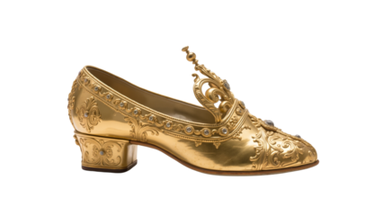 Queen's golden shoes with exquisite design and low heel on transparent background