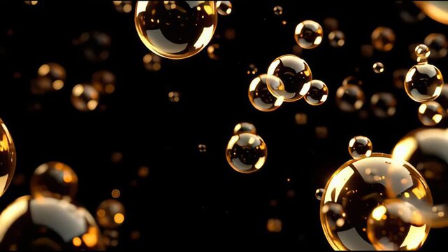 Abstract flowing waves with soap gold bubbles on black background with beautiful bokeh and with copy space	