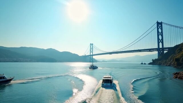 Bridge and river with washed boats. Action. Beautiful bright landscape of sea city with bridge. Large bridge across bay with boats on sunny summer day