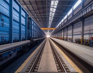 railway goods wagon inside what appears to be a manufacture