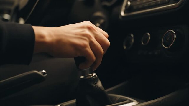 Close Up of Driver Shifting Manual Gear - A close-up shot shows a person's hand smoothly shifting a manual gear in a car. The interior of the vehicle is dimly lit, creating a cinematic atmosphere.