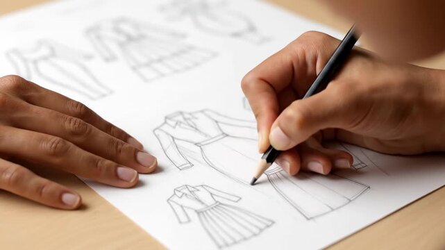Fashion Designer Sketching Clothing Designs - Close-up view of a fashion designer's hands sketching detailed clothing designs on paper with a pencil.