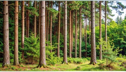 Fototapeta premium Dense Forest with Tall Trees and Lush Green Underbrush in Summer