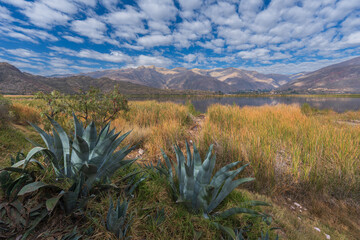 Lake and mountains in the protected area of the Laguna de Huacarpay, near Cuzco in Peru, beautiful...