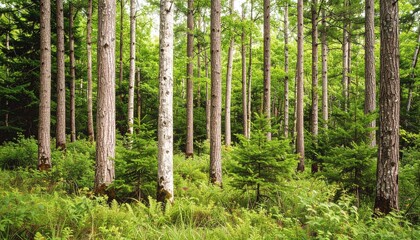 Fototapeta premium Lush Green Forest with Tall Trees and Vibrant Underbrush Landscape