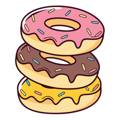 Stack of three colorful donuts with pink, chocolate, and yellow frosting isolated on white background