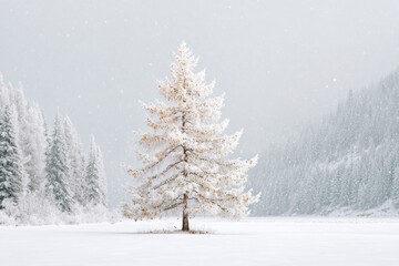 Obraz premium minimalist atmosphere of christmas celebration in usa is depicted by lone tree in winter forest