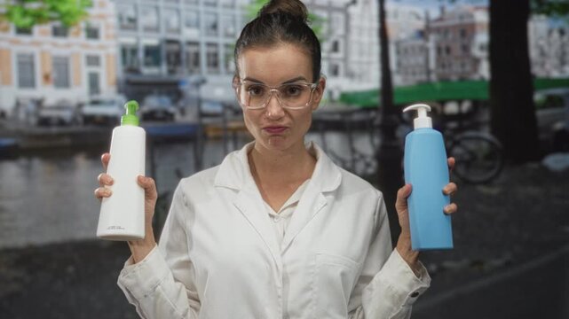 Woman in white coat holds two pump bottles on amsterdam street canal; product comparison contemplation.