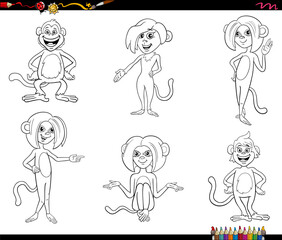 funny cartoon monkeys wild animal characters set coloring page