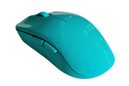 modern, ergonomic wireless computer mouse in a vibrant turquoise color, featuring a scroll wheel and side buttons for navigation. This computer peripheral device is isolated