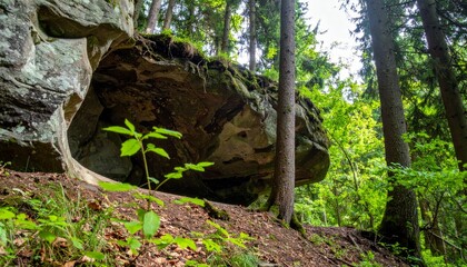 Fototapeta premium Scenic Forest Landscape with Large Rock Formation and Green Foliage