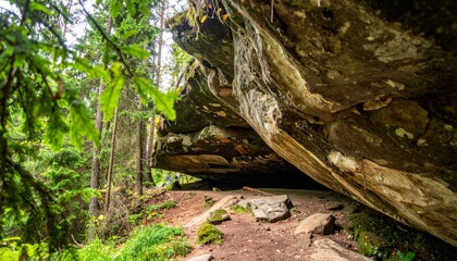 Obraz premium Majestic woodland landscape with large rock overhang in nature