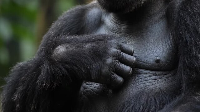 Gorilla Hand on Chest Close Up - Close-up view of a gorilla's hand resting on its chest. The video showcases the detail of the gorilla's fur and skin texture.