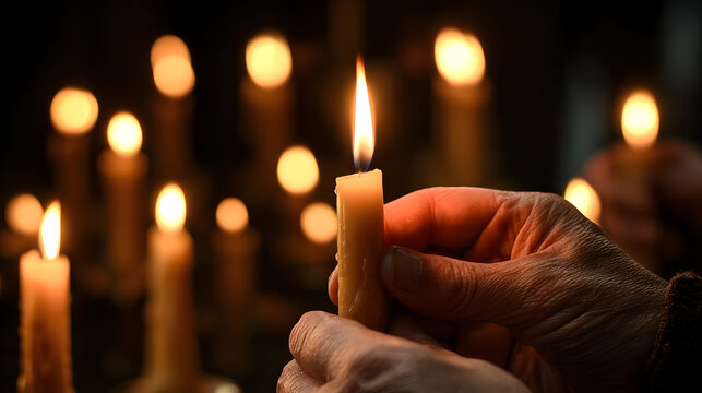 Person Holding a Burning Candle in Darkness 