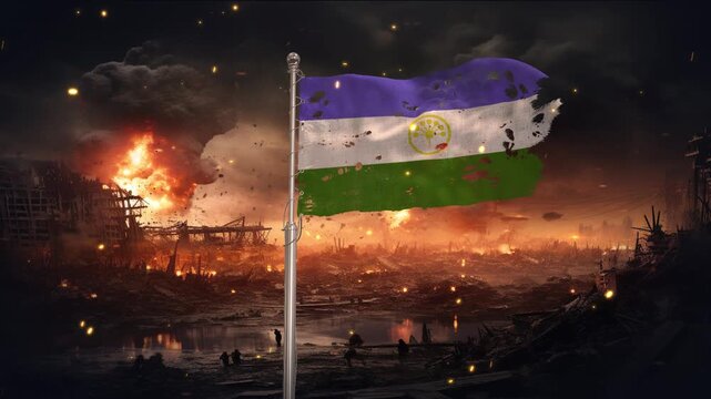 Bashkortostan flag waving in war is torn