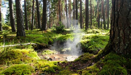 Obraz premium Steam Rising from a Natural Spring in a Lush Forest Landscape