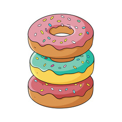 Illustration of a stack of three colorful donuts isolated on white background, a sweet and delicious treat