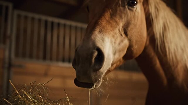 Close Up of Horse Eating Hay in Stable - A cinematic close-up shot of a light brown horse gently chewing hay in its stable.