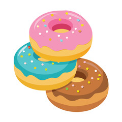 Stack of three colorful donuts with different toppings isolated on white background for decoration