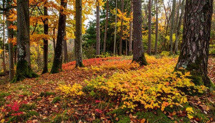 Fototapeta premium Vibrant Autumn Landscape with Colorful Leaves in Tranquil Forest