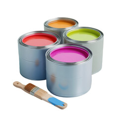 Inspiring scene of vibrant paint cans and a brush, perfect for showcasing DIY projects, home renovation, and creative endeavors. Unleash your inner artist!