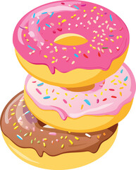 Stack of three colorful donuts with different toppings isolated on white background