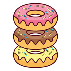 Stack of three colorful donuts with different toppings isolated on white background for decoration