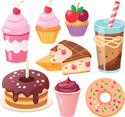 Collection of cute cupcakes, donuts, cakes, and drinks with cherry toppings and chocolate glaze