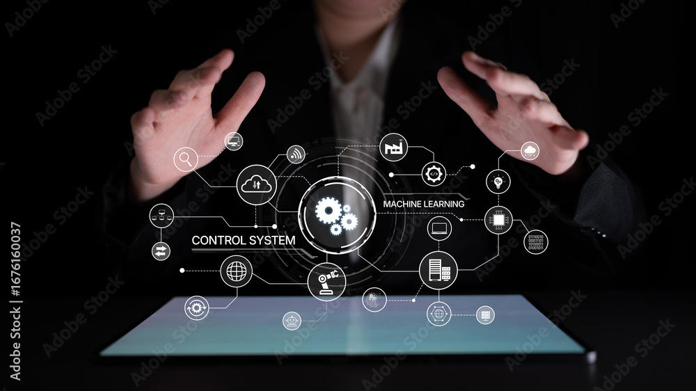 Poster modern automation drives workflow efficiency by connecting systems, people, and data. with intellige