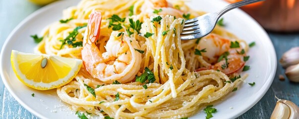 A plate of shrimp pasta garnished with parsley and lemon, featuring a fork twirling the noodles, highlighting a delicious seafood dish.