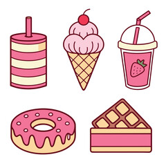 Illustration of donut, ice cream, waffle and drink isolated on white background