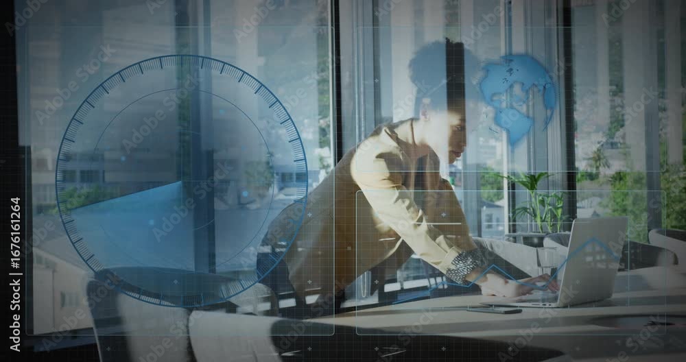 Poster tech professional typing on laptop in office, activating gauge and rotating 3d globe for insights
