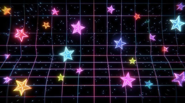 Retro video game aesthetic, neon grid, colorful stars.