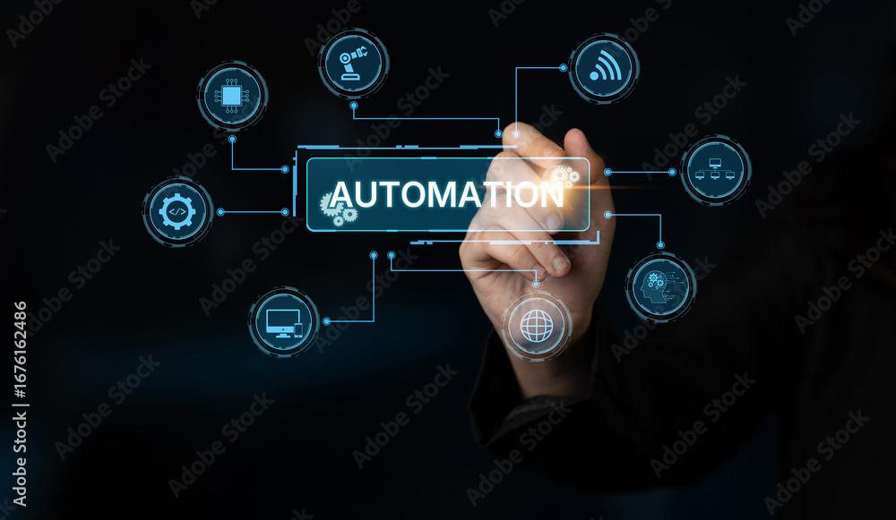 Poster modern automation drives workflow efficiency by connecting systems, people, and data. with intellige