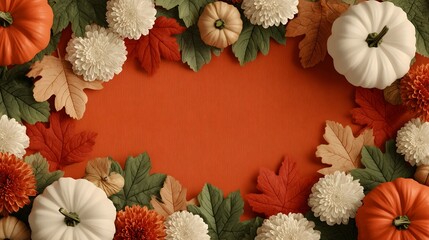 Thanksgiving celebration with autumn elements like pumpkins, leaves, and flowers in vibrant colors