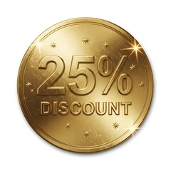 Gold coin discount token, 25% promotional sale badge illustration