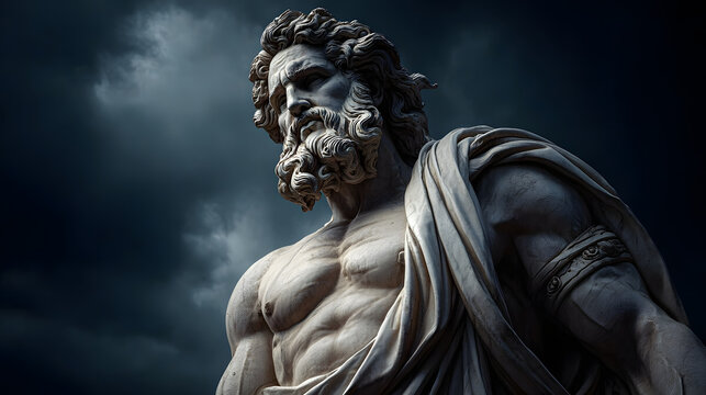 Majestic Zeus Statue with Dramatic Sky Ancient God Sculpture of Power and Strength 