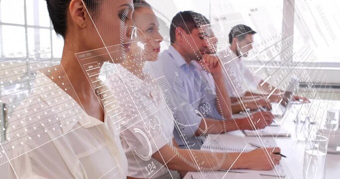 Business team starting meeting for analysis, taking notes while animated financial charts drifting