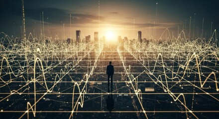 A solitary figure stands amidst a network of data visualizations, overlooking a cityscape at dawn.