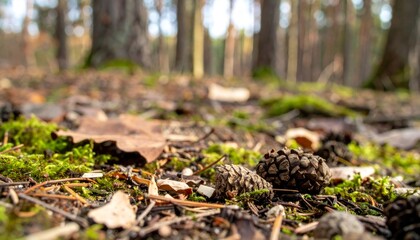 Obraz premium Close-Up of Pine Cones on Forest Floor Amidst Moss and Leaves