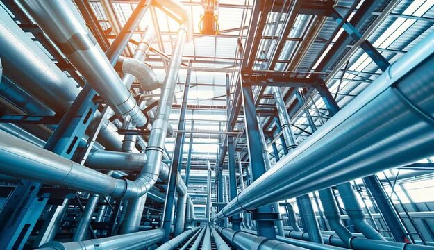 Steel pipelines and cables in factory interior as chemical industry background concept