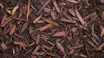 A close-up view of dark brown wood mulch, featuring various sizes of wood chips and shavings, ideal for landscaping and gardening applications.