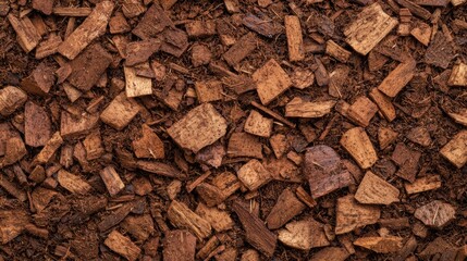 A close-up view of a textured surface made of brown wood chips, showcasing various sizes and shapes of natural wood pieces.