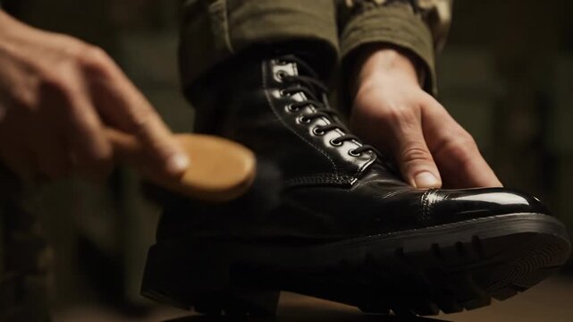 Soldier Polishing Boots Close Up - A close-up shot of a soldier's hands meticulously polishing a black boot with a brush. The scene is dimly lit, emphasizing the detail of the polishing process.