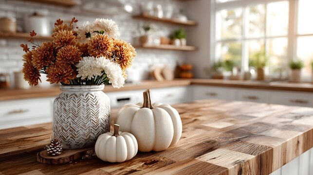 Fall kitchen adorned with pumpkins and flowers for a festive Thanksgiving atmosphere