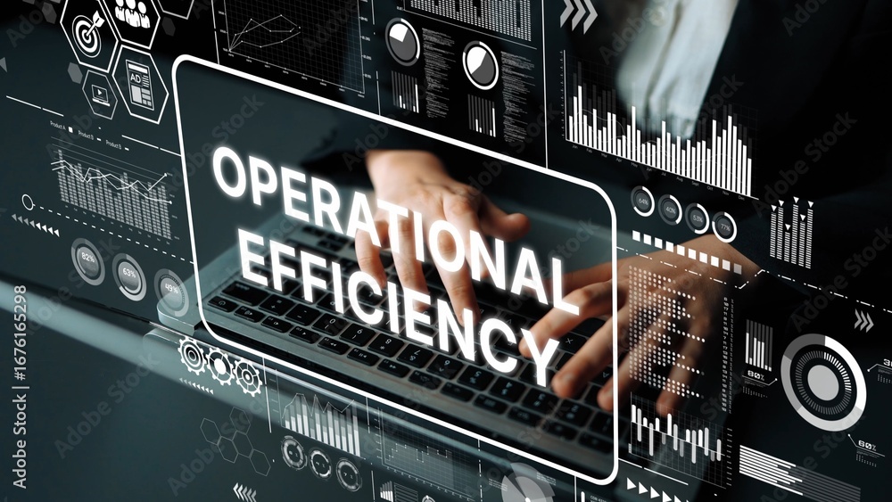 Poster business person engaged in operational efficiency with digital graphs and data analytics in a modern