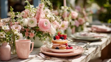 Radiant Pink Flower Bouquet Arranged on Porcelain Tableware &ndash; Immersive Serveware Visual for Digital Wellness and Sustainable Branding